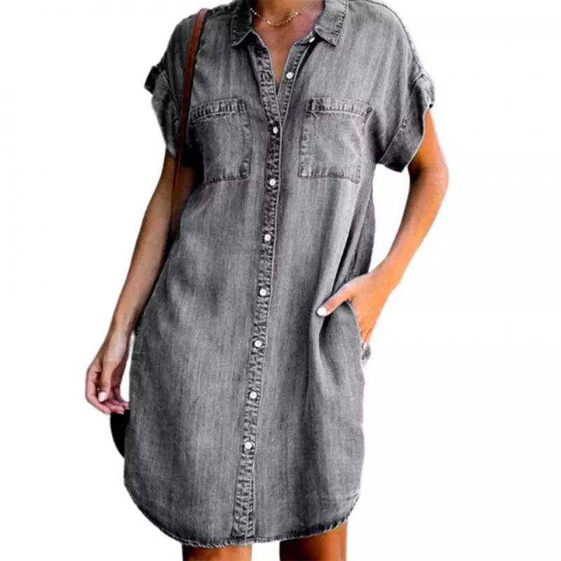 Váy bò tay ngắn liền thân âu mỹ váy liền thân cổ bẻ một hàng cúc tôn dáng