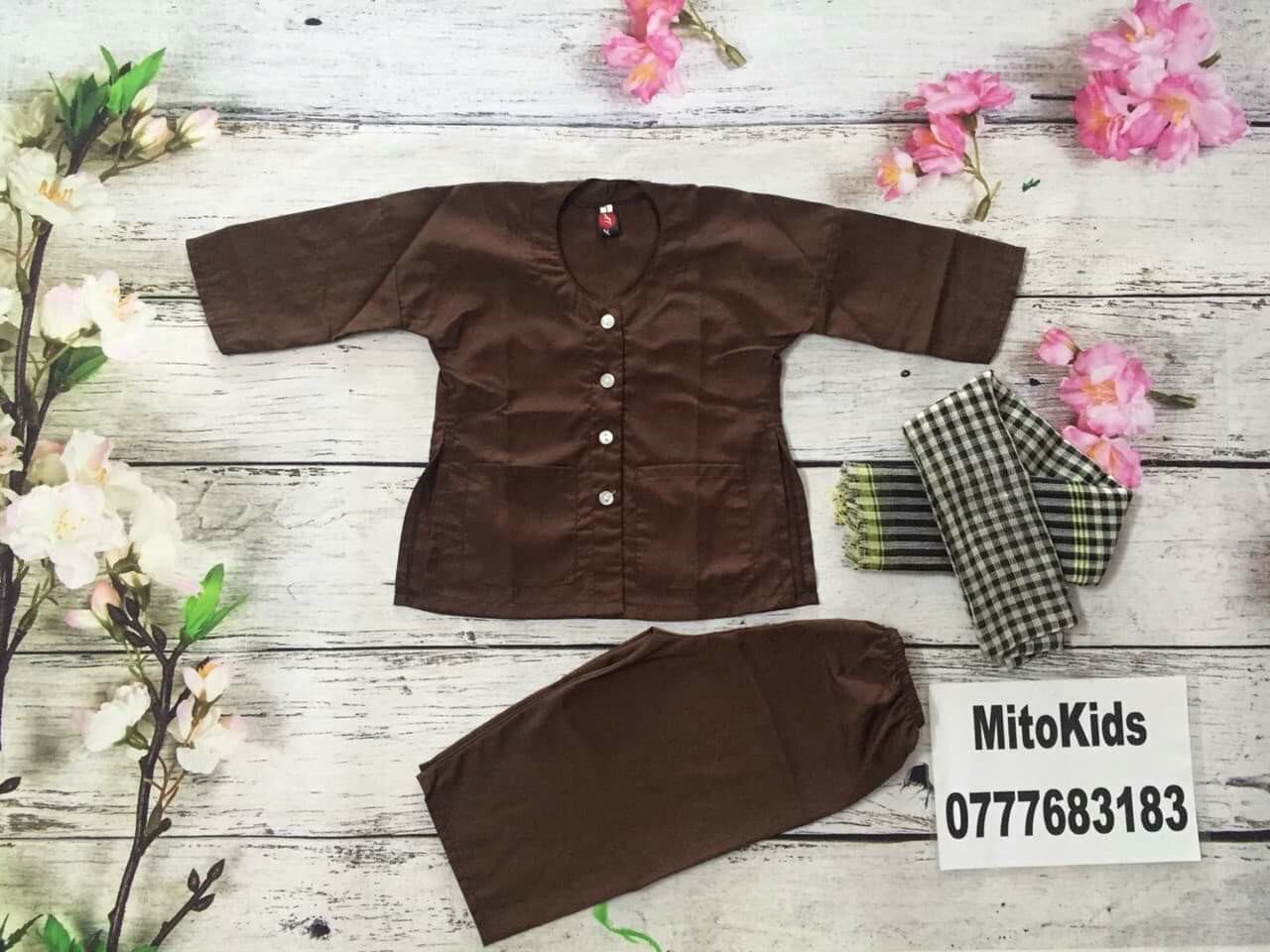 (8-30kg) Bộ bà ba nâu kate kèm khăn rằn cho bé