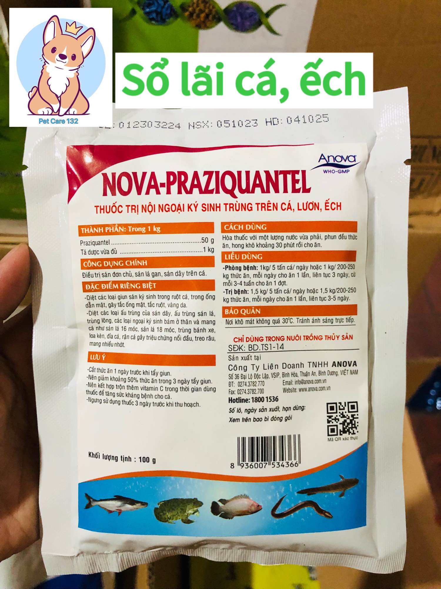 Sổ lãi cho cá, ếch, lươn Nova praziquantel 100gram.