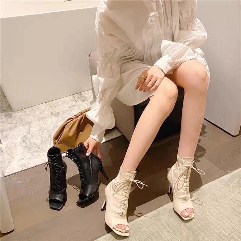 Giày boot bốt hở mũi đan dây gót nhọn
