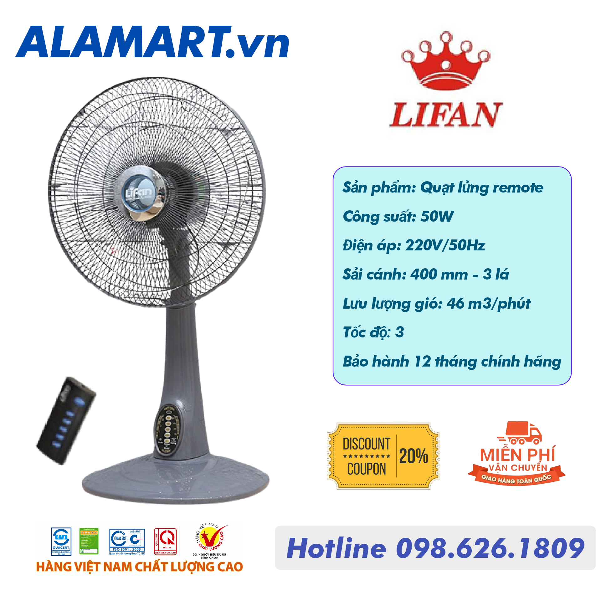 Quạt lửng Remote Lifan QL-216RC