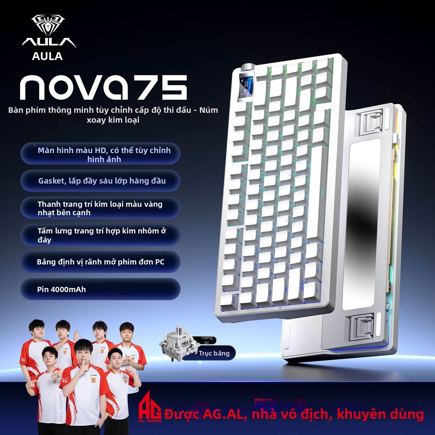 AULA | Bàn Phím Cơ Custom AULA Nova75 - Layout 75 Phím, Không Dây 3 Chế Độ, LED RGB, Chuyên Gaming và Văn Phòng