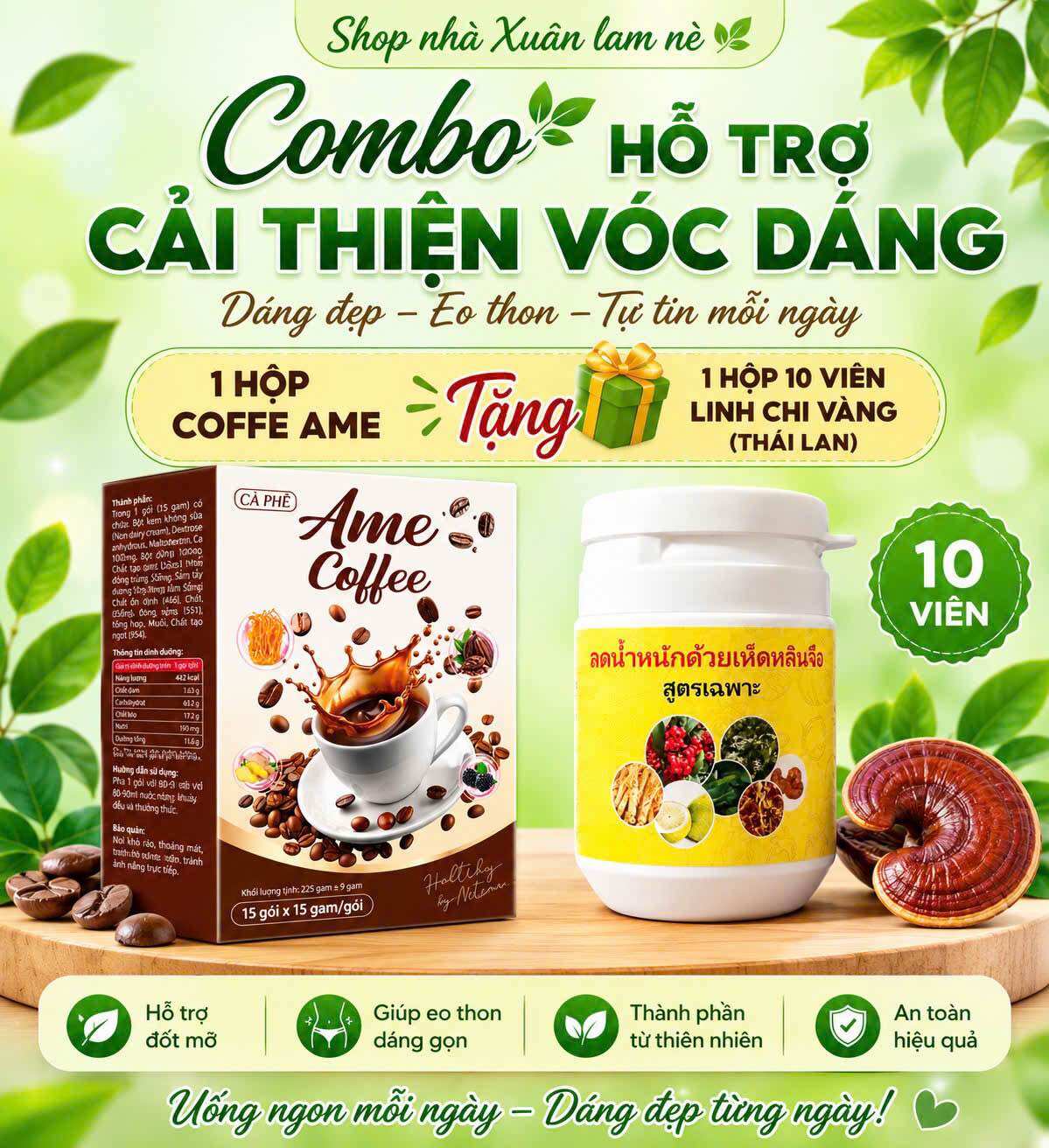 [ combo 2 ] Hộp coffee ame tặng 10 viên giảm cân linh chi vàng thái lan cấp tốc / Tặng kèm quà ( 10 ngày hổ trợ 2-4 kí )