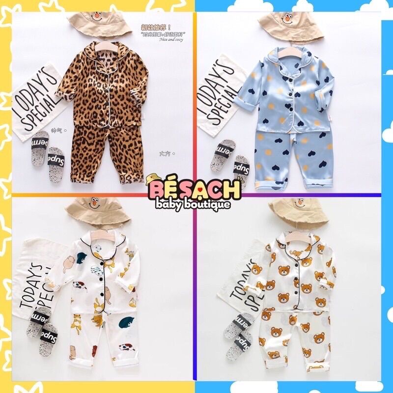 Đồ ngủ pyjama cho bé dài tay chất lụa satin họa tiết hoạt hình cao cấp siêu đáng yêu