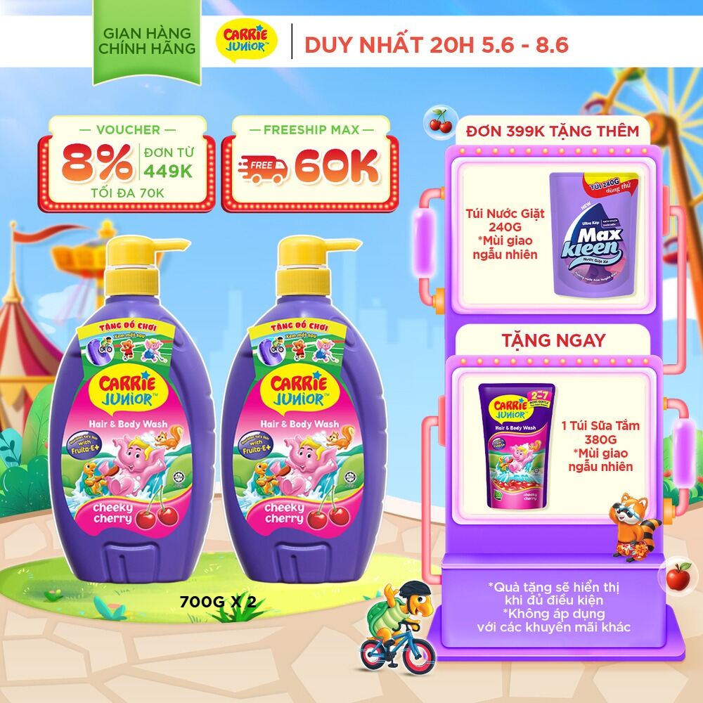 Combo 2 Sữa Tắm Gội cho bé Carrie Junior chiết xuất trái cây thiên nhiên Hương Cherry (700g/chai)