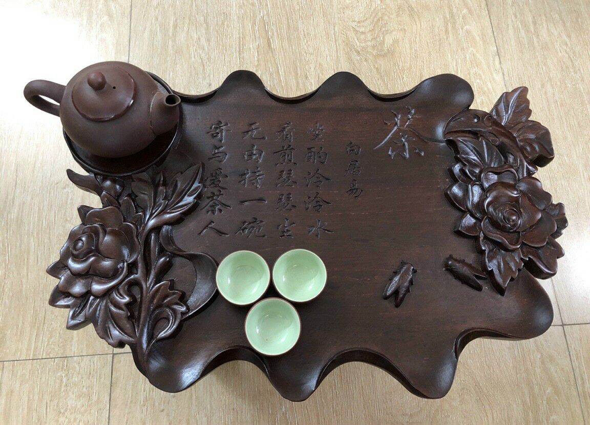 Khay trà hoa hồng gỗ gụ 50x30cm