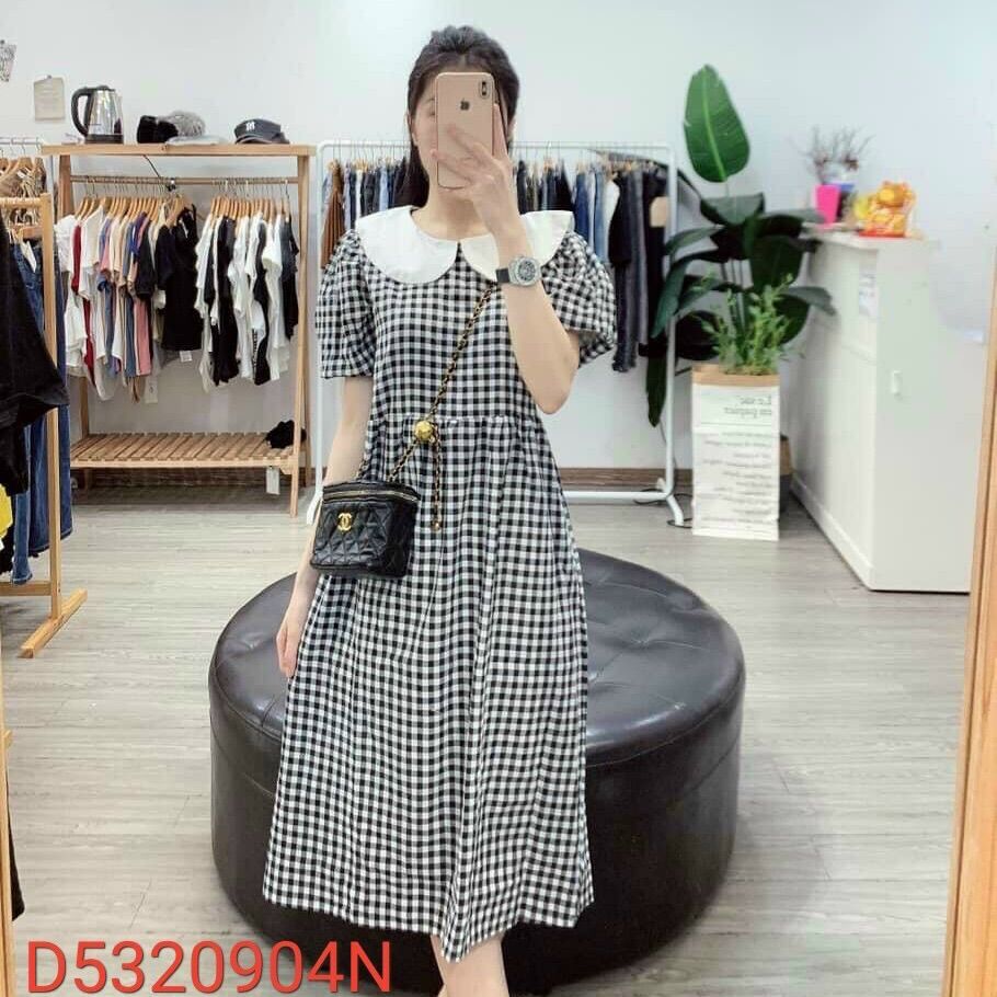 Đầm babydoll caro cổ bèo dễ thương