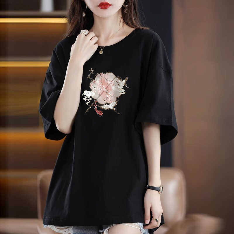 Áo Thun Nữ Tay Ngắn Phong Cách Trung Quốc, Áo Thun in Họa Tiết Mùa Hè, Cổ Tròn, Dài Vừa Phải, Thường Ngày, Tay Ngắn, Trung Tính