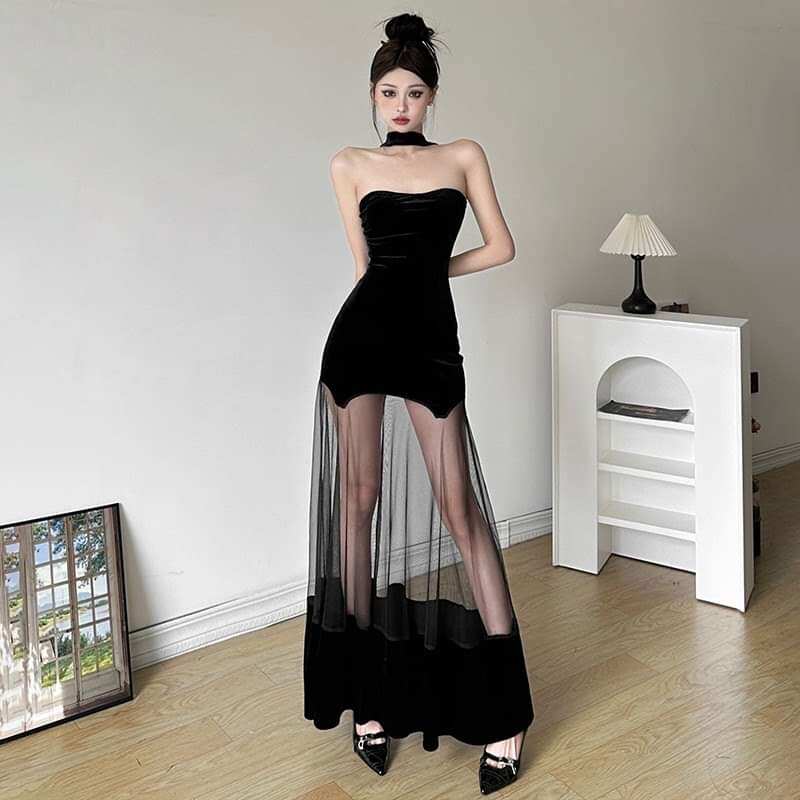 Đầm body dáng ôm cúp ngực Nhung đen phối lưới. Váy body Nhung đẹp