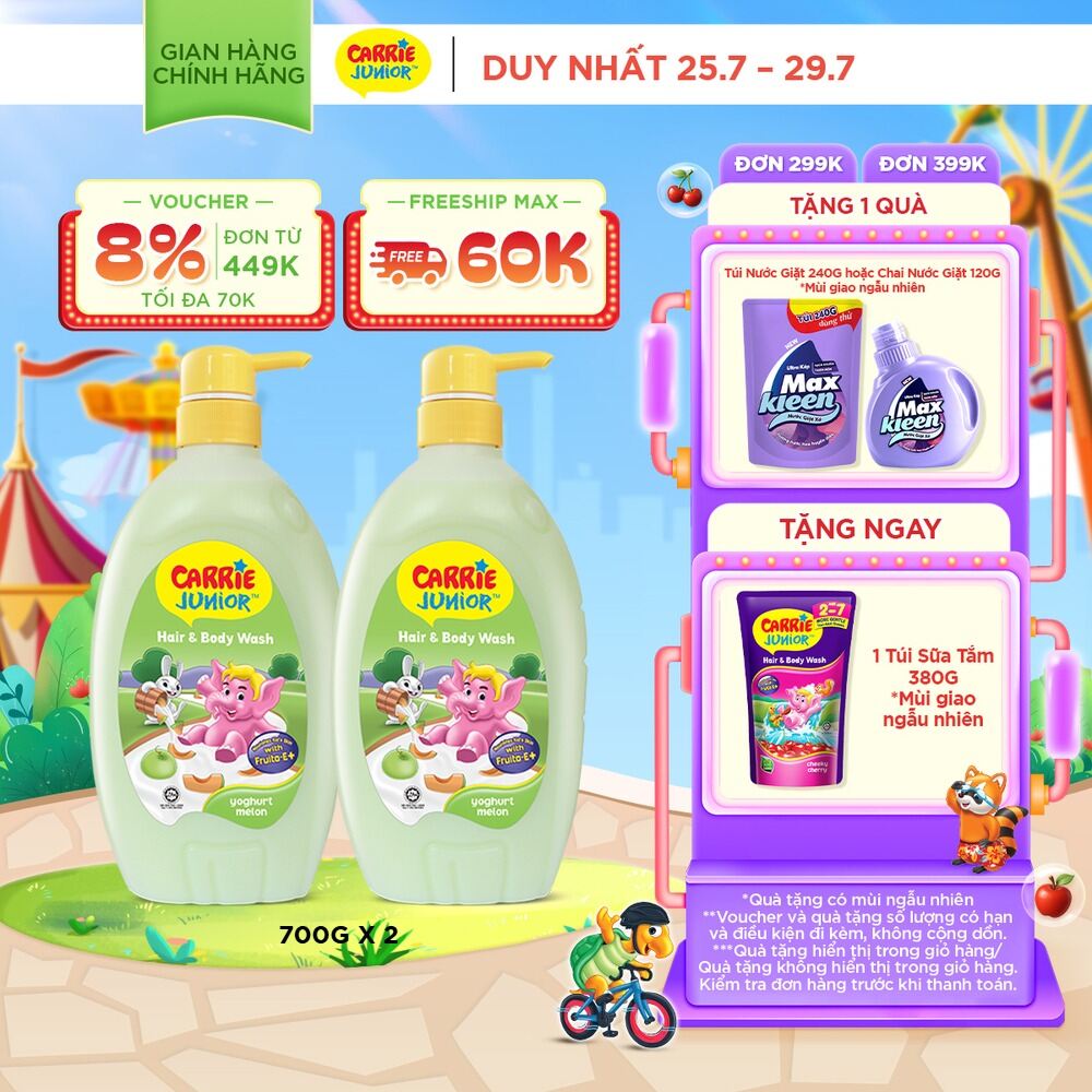 Combo 2 chai Sữa Tắm Gội cho bé Carrie Junior chiết xuất trái cây thiên nhiên Yoghurt Hương Dưa Lưới 700g/chai