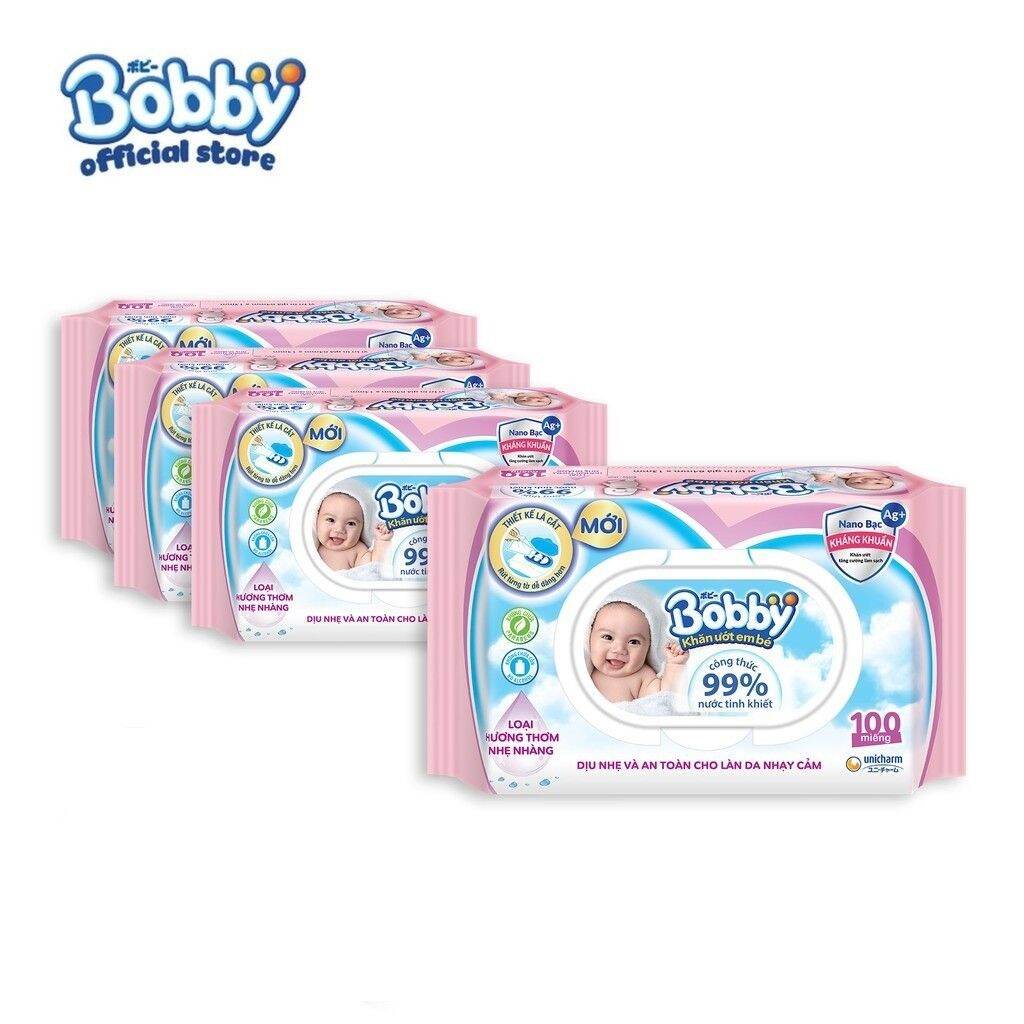 Bộ 4 gói Khăn ướt Bobby hương dịu nhẹ 100 tờ/gói