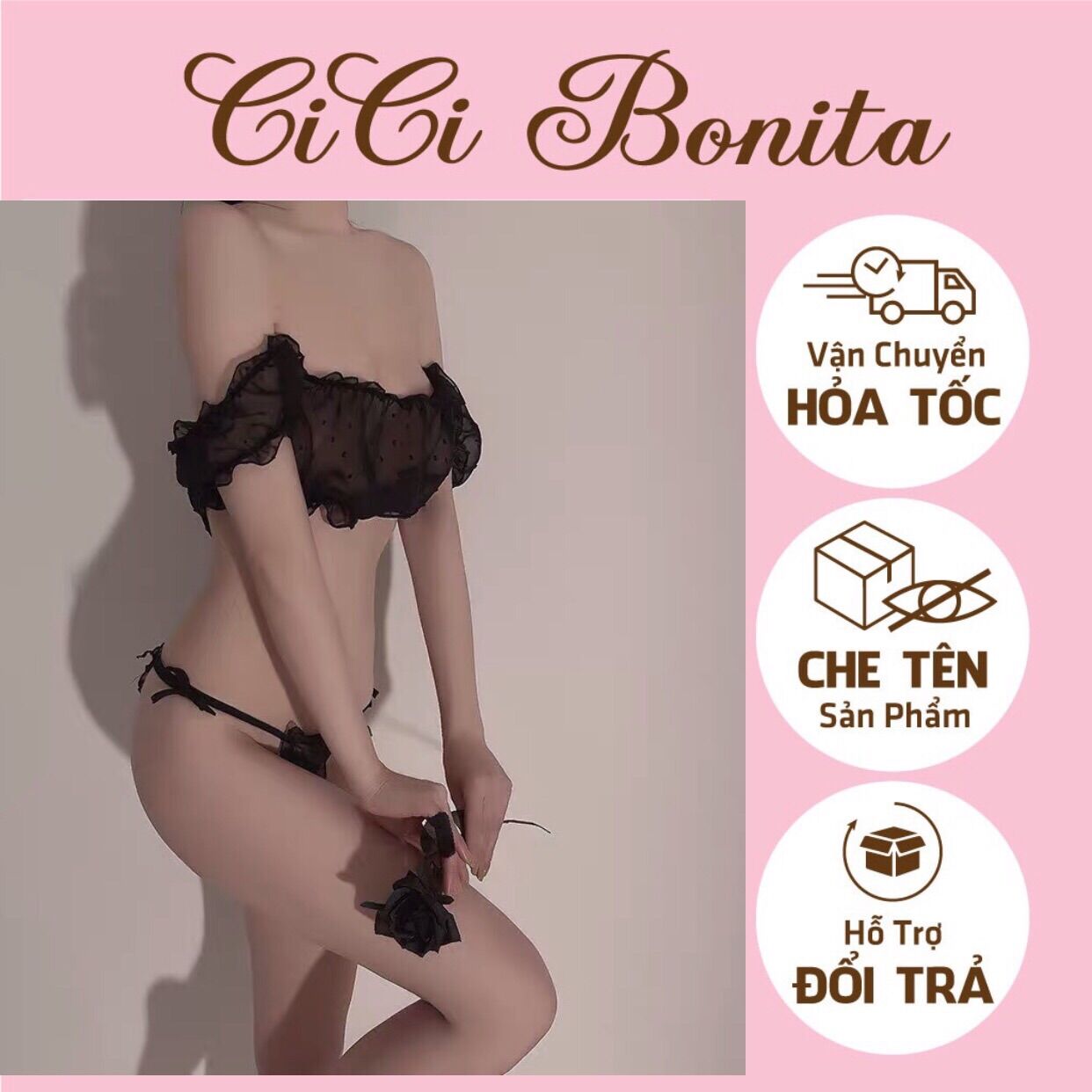 Set đồ ngủ nữ chấm bi viền bèo xuyên thấu gợi cảm CL05