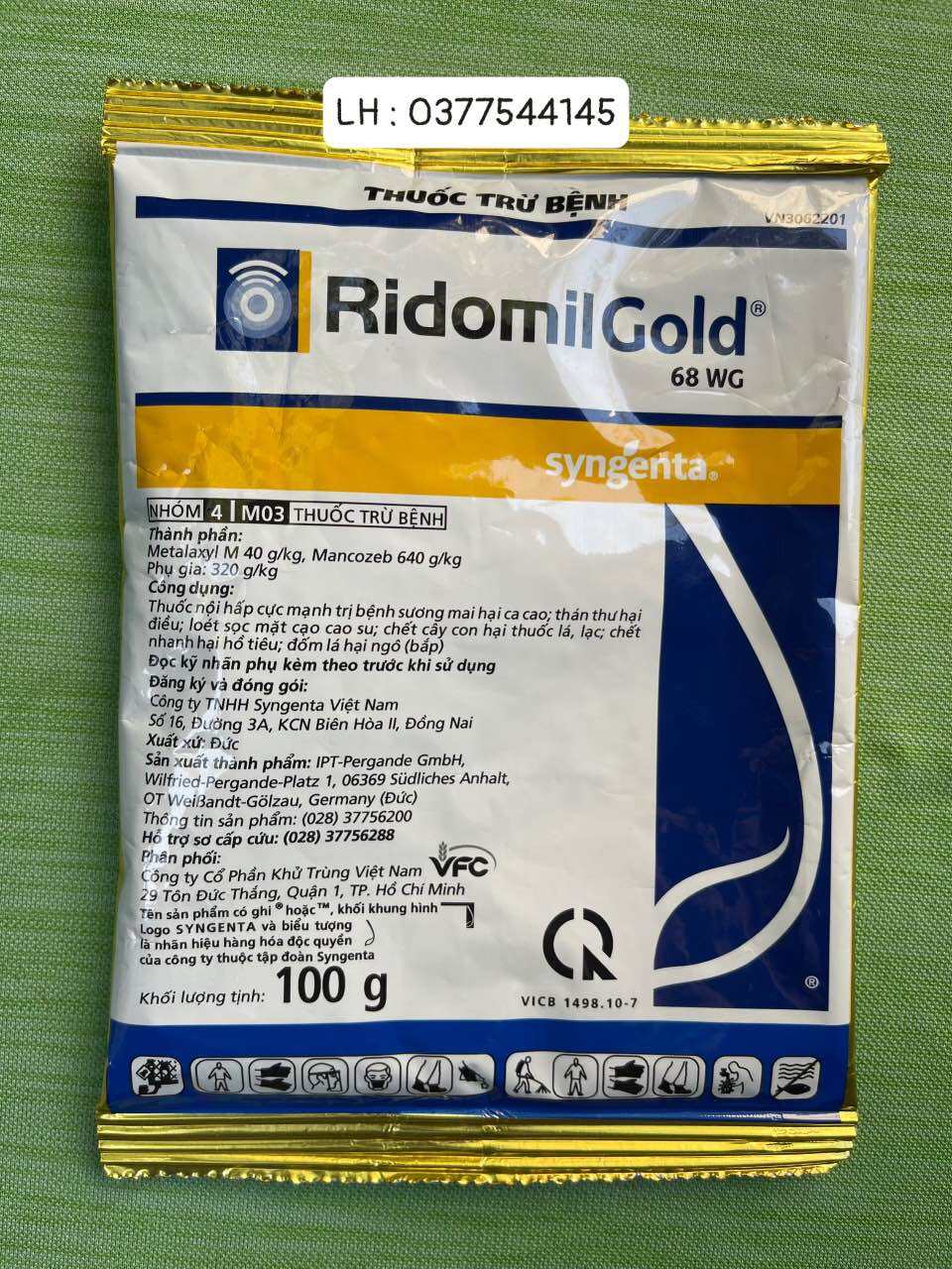 Thuốc trừ bệnh Ridomil Gold 68WG ( gói 100G ) thuốc nội hấp cực mạnh trị bệnh sương mai hại ca cao ,thán thư hại điều , loét sọc mặt cạo cao su , chết cây con hại thuốc lá , lạc , chết nhanh hại hồ tiêu , đốm lá hại ngô ( bắp )