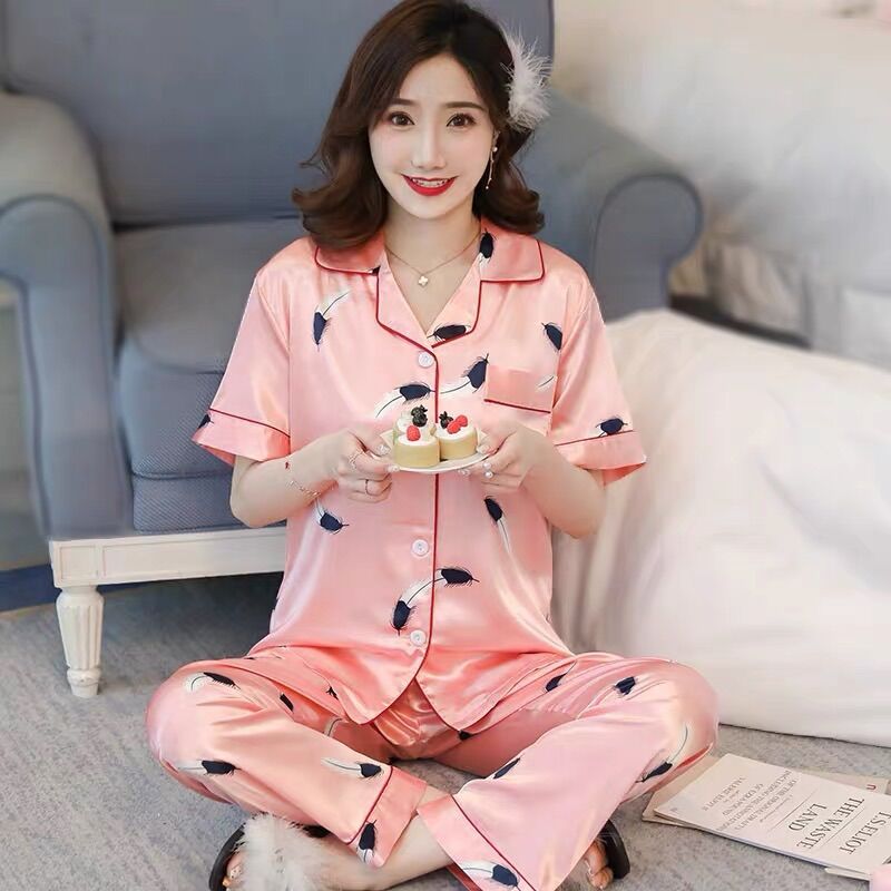 Pizama phi lụa họa tiết lá Tay Ngắn dễ thương - Y22 (Kèm ảnh+ video thật)