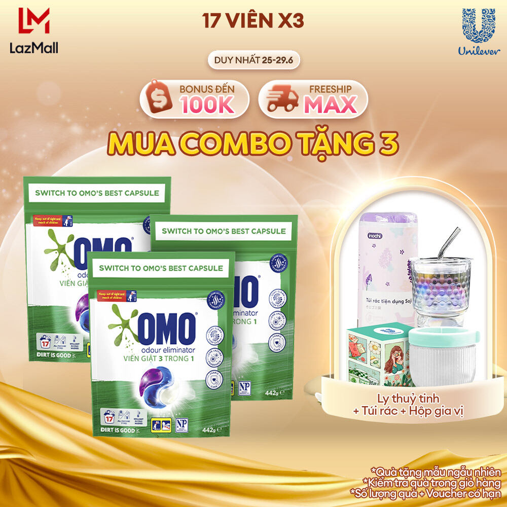 Combo 3 túi viên giặt tiện lợi OMO Khử Mùi với Công Nghệ Anh Quốc 3 trong 1, túi 17 viên