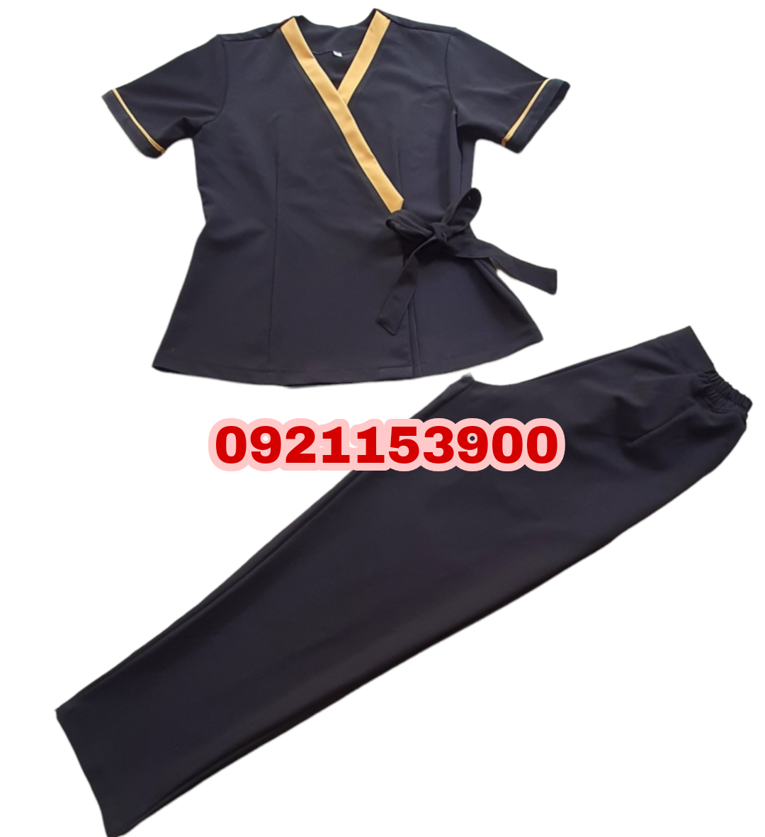 Đồng phục spa màu đen viền vàng đồng