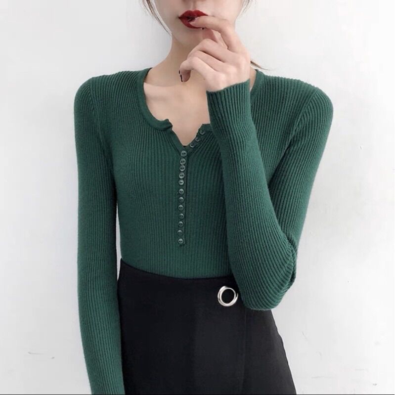 Áo len lông cừu cúc ngực phong cách Hàn Quốc