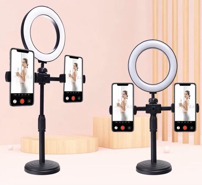 Giá đỡ điện thoại livestream 2 kẹp điện thoại kim đèn led 16cm