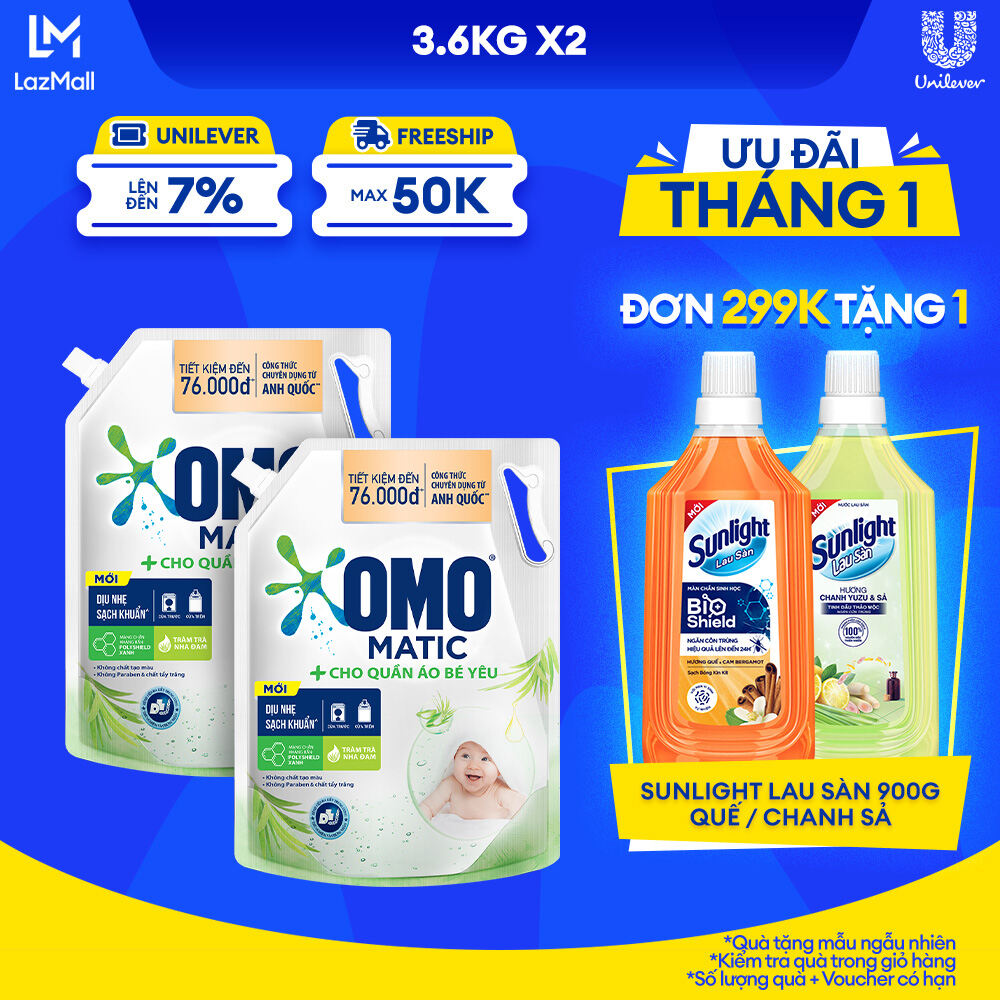 Combo 2 Túi Nước Giặt Omo Matic Baby Cho Quần Áo Bé Yêu 3.6kg/túi