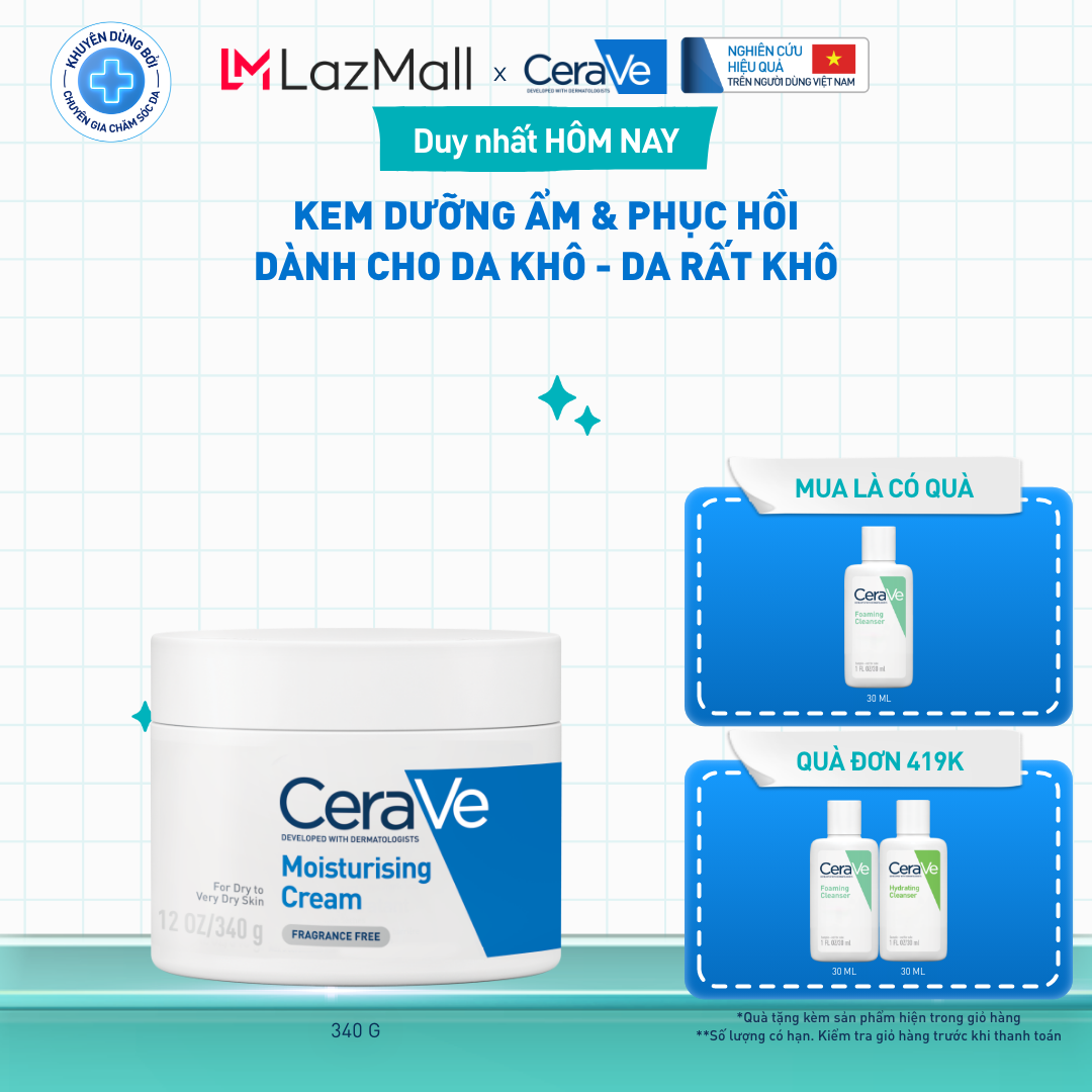 Kem dưỡng ẩm phục hồi sâu và ẩm mịn suốt 48H dành cho da khô, duy trì hàng rào bảo vệ da CERAVE MOISTURISING CREAM 340G