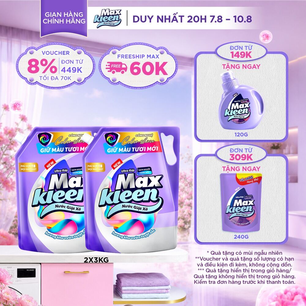Combo 2 Túi Nước Giặt Xả MaxKleen Giữ Màu Tươi Mới Hương Khu Vườn Tuyệt Sắc 3kg/Túi