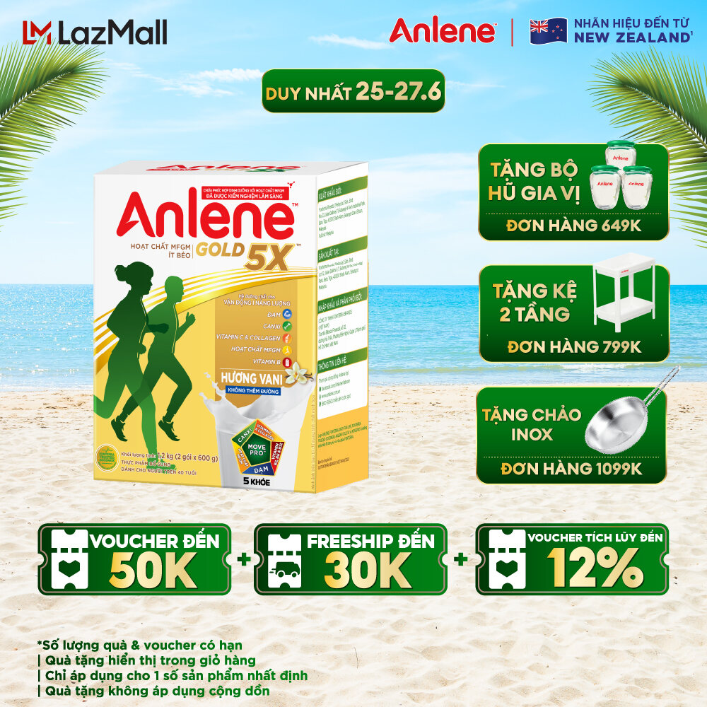 [GIẢM 15% ĐẾN 150K + TẶNG BỘ HŨ GIA VỊ] Sữa bột Anlene Gold 5X hương Vanilla hộp giấy 1.2kg
