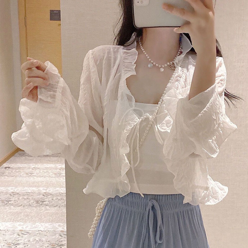 Áo Khoác Che Nắng Tay Dài Mùa Hè Cho Nữ Áo Khoác Ngoài Chiffon Mỏng Dài Tay Thắt Nơ Cổ Chữ V Dáng Rộ
