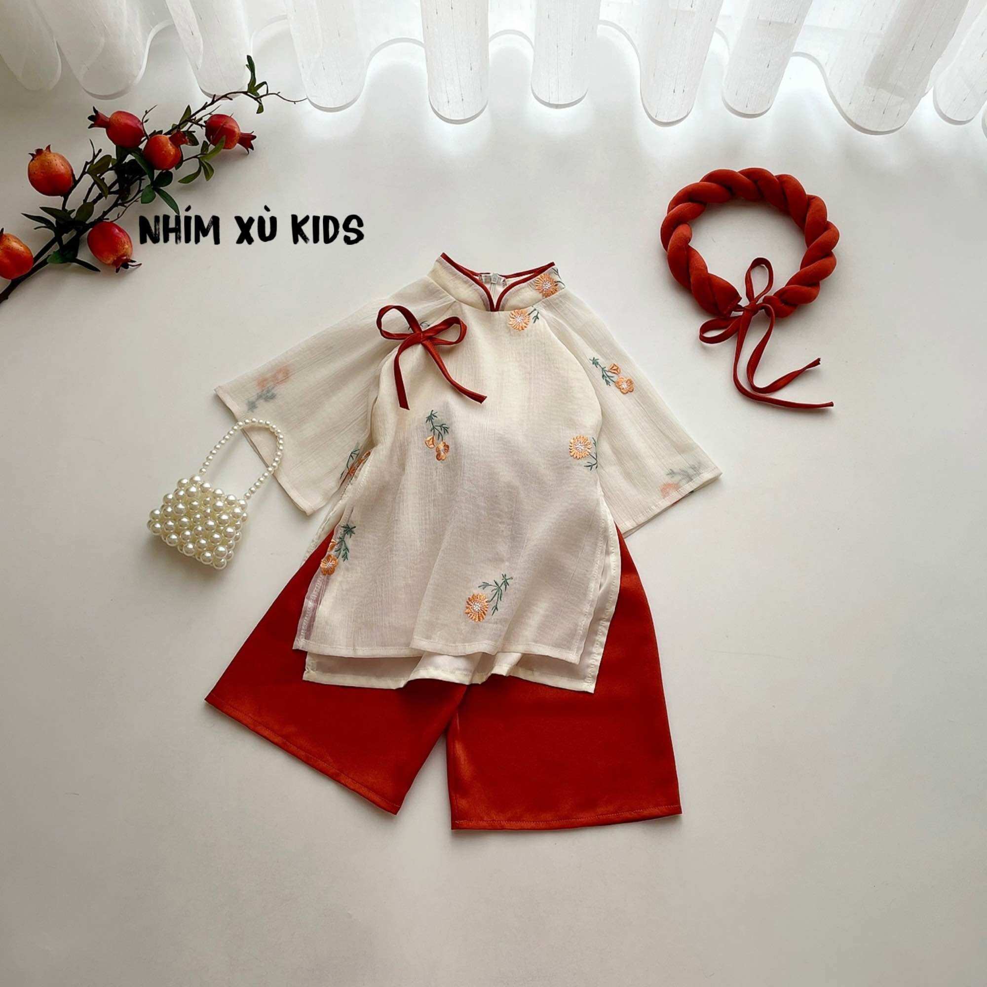 Áo dài cách tân cam thêu nhím xù kids cho bé gái 1 tuổi - 8tuổi ad141