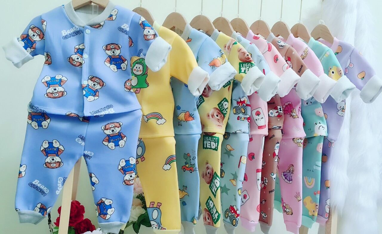Bộ nỉ lót lông giữ ấm mùa đông cài khuy giữa cho bé từ 4-15kg