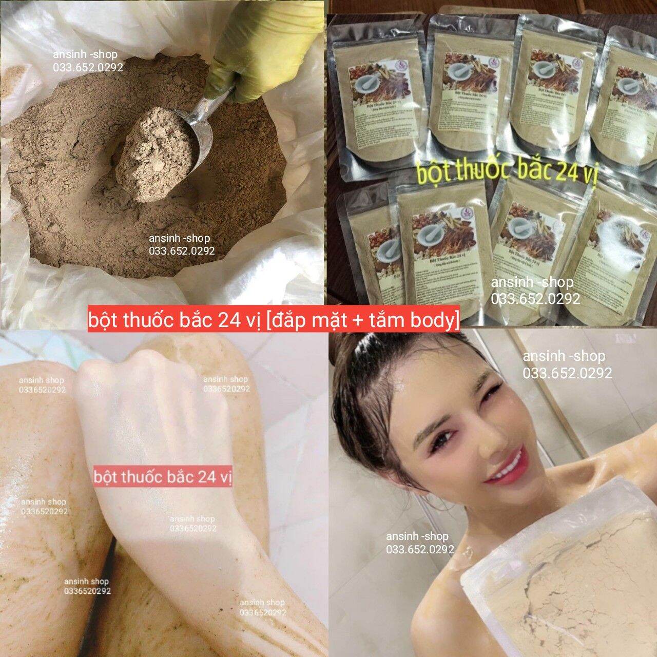 500g bột  tắm trắng thuốcbắc 24 vị [đắp mặt+ tắm body] dưỡng trắng da