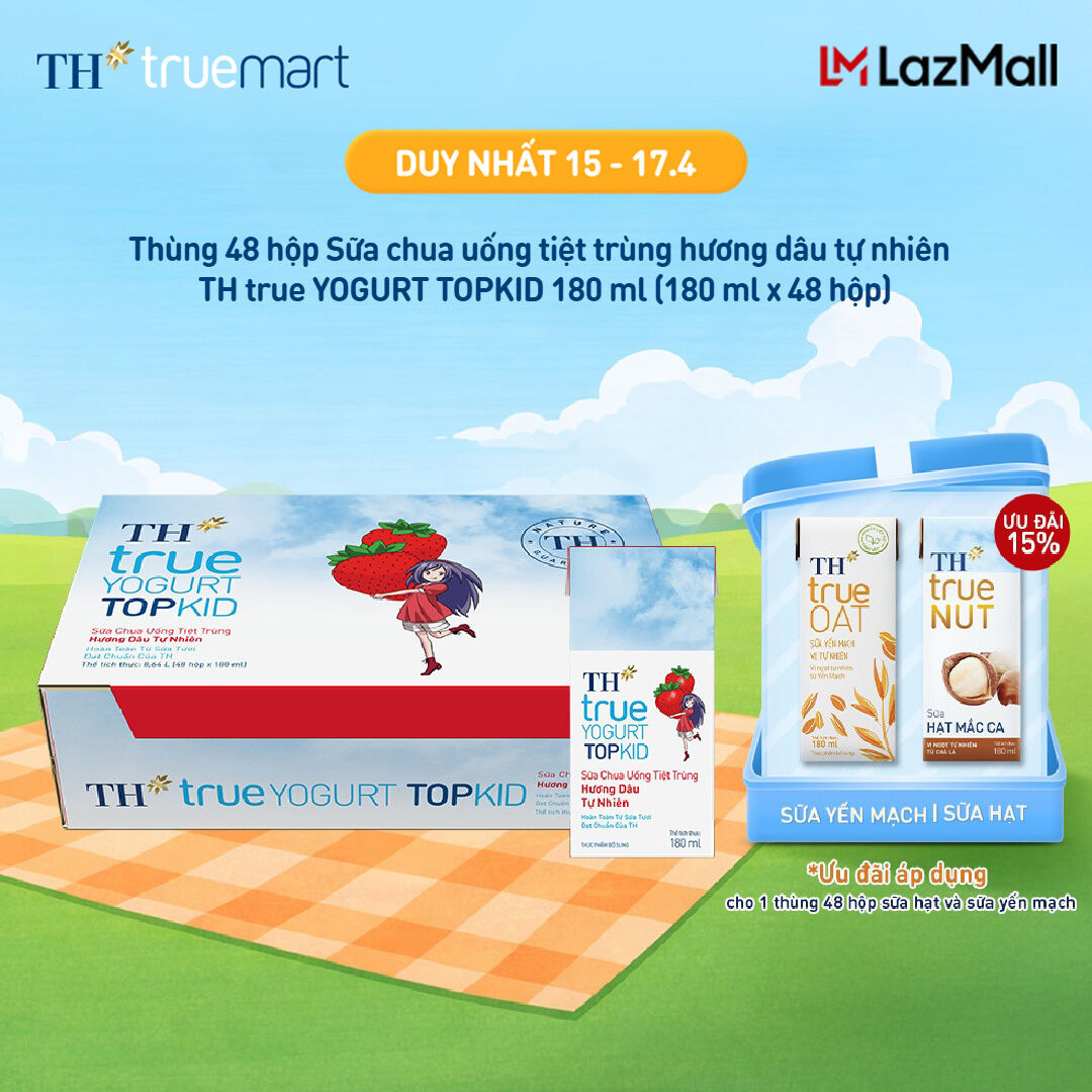 Thùng 48 hộp sữa chua uống tiệt trùng TH true YOGURT TOPKID hương dâu tự nhiên 180 ml (180 ml x 48)