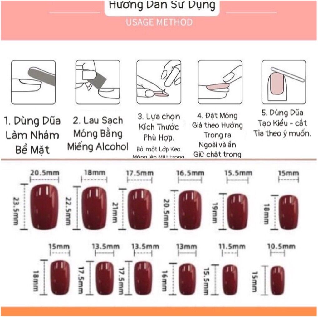 Bộ 24 Móng Tay Đỏ Đô/Đậm DDo Kèm Keo Dán