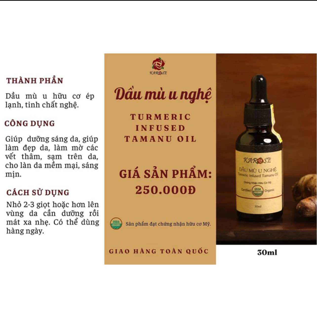 Dầu mù u nghệ Karose (30ml) dưỡng da, dùng cho cả da mụn