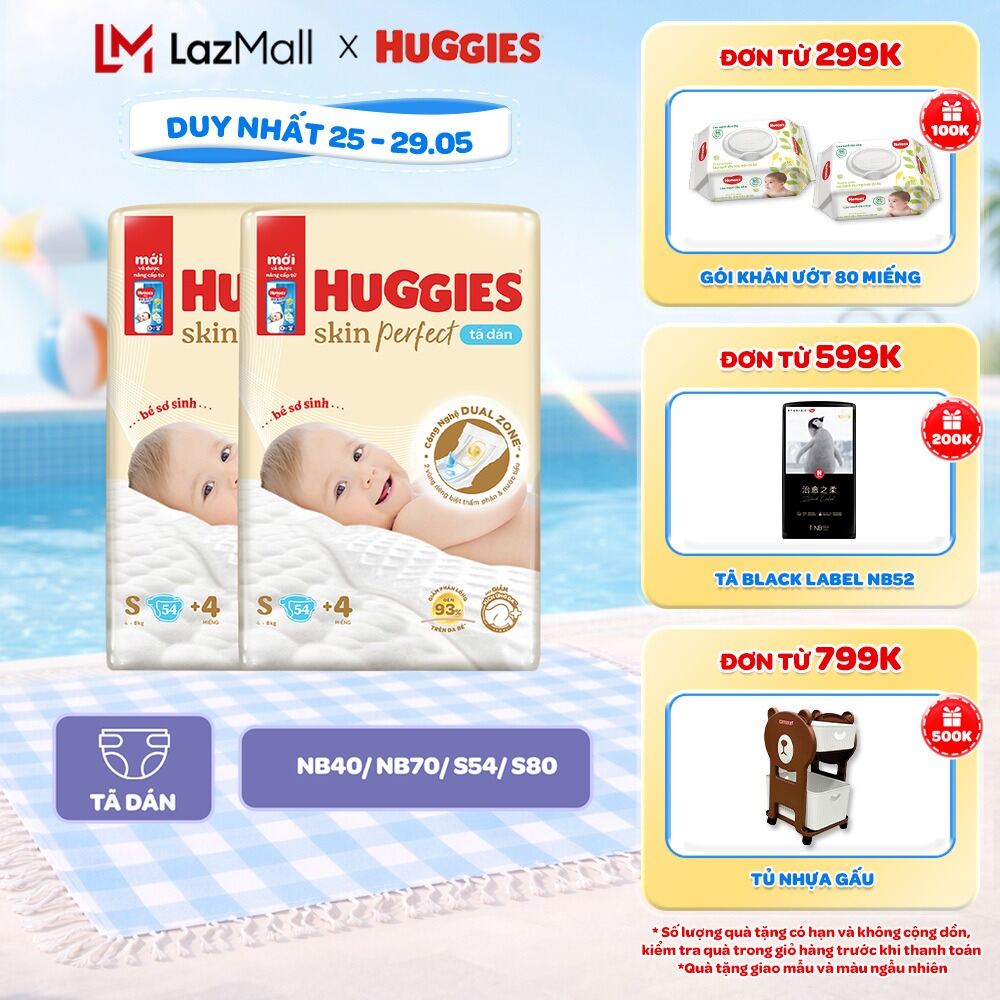 Combo 2 Tã Dán Sơ Sinh Huggies Skin Perfect NB40/NB70/S54/S80/M76 Với 2 Vùng Thấm Giảm Kích Ứng Da