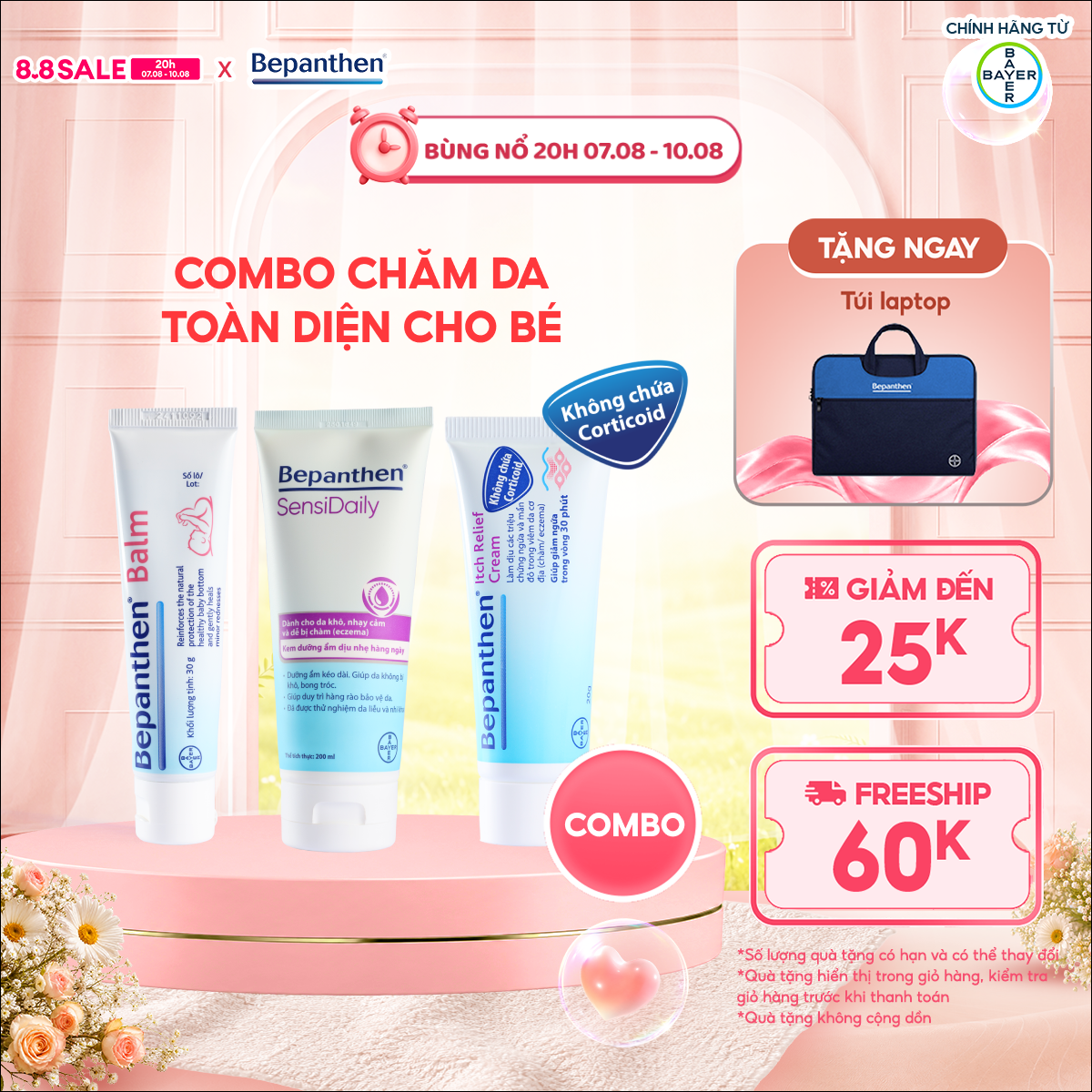 Combo Chăm Da Toàn Diện Cho Bé: 1 Kem Chống Hăm Bepanthen Balm (30G/Tuýp) + 1 Kem Giảm Ngứa Bepanthen Itch Relief Cream (20G/Tuýp) + 1 Kem Dưỡng Ẩm Hằng Ngày Bepanthen Sensidaily Tuýp (200G/Tuýp)