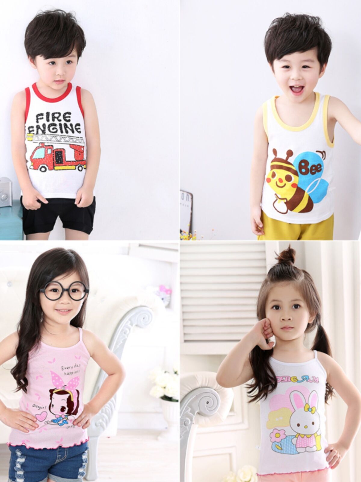 Pure Cotton, Vải Bông Trẻ Em  Áo Hai Dây Dây Đeo Vai Áo Sơ Mi Mặc Bên Trong Mùa Hè Mỏng Em Bé Quần Lót Bé Trai Bé Gái Áo Sơ Mi Cơ Sở Hoạt Hình Cổ Tròn Hoạt Hình