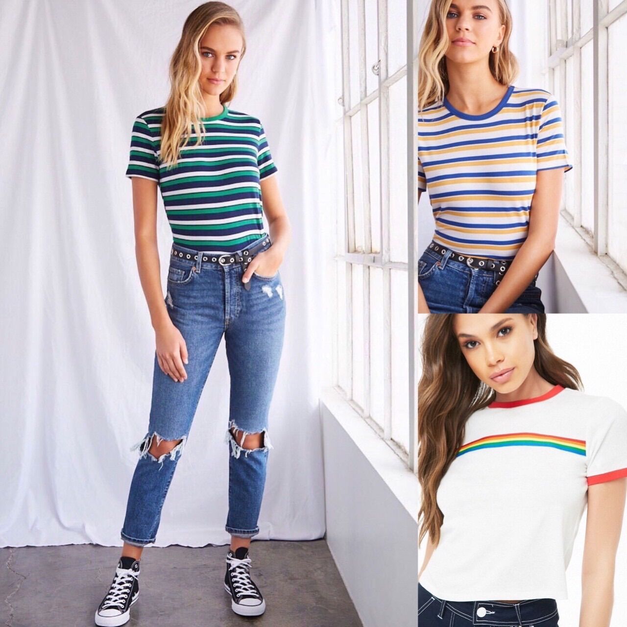 Áo thun ngắn tay cổ tròn cotton nữ xk ringer tripe