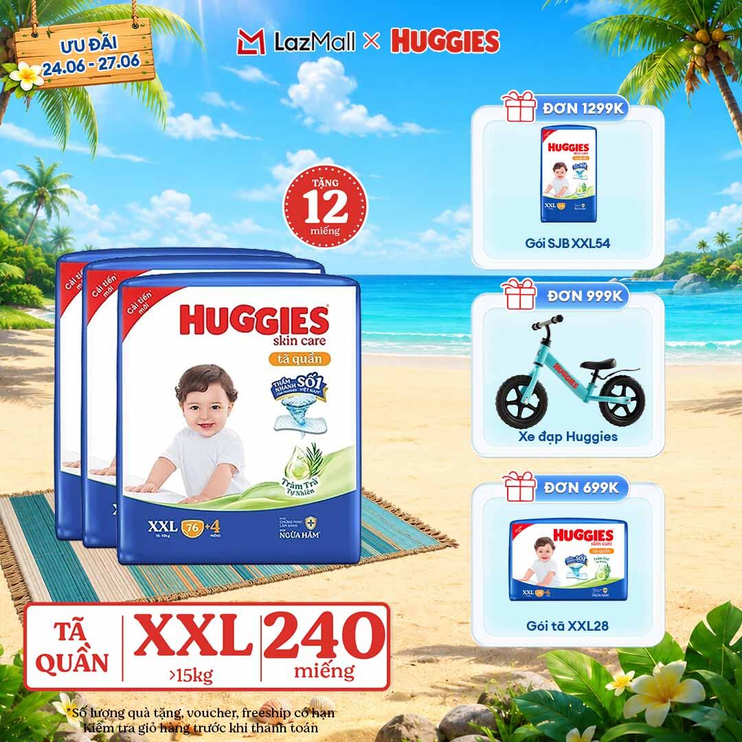 [Chỉ 25-29.06 GIẢM THÊM 90K] Combo 3 Gói Tã/bỉm quần HUGGIES SKINCARE MEGA JUMBO size XXL76+4 miếng