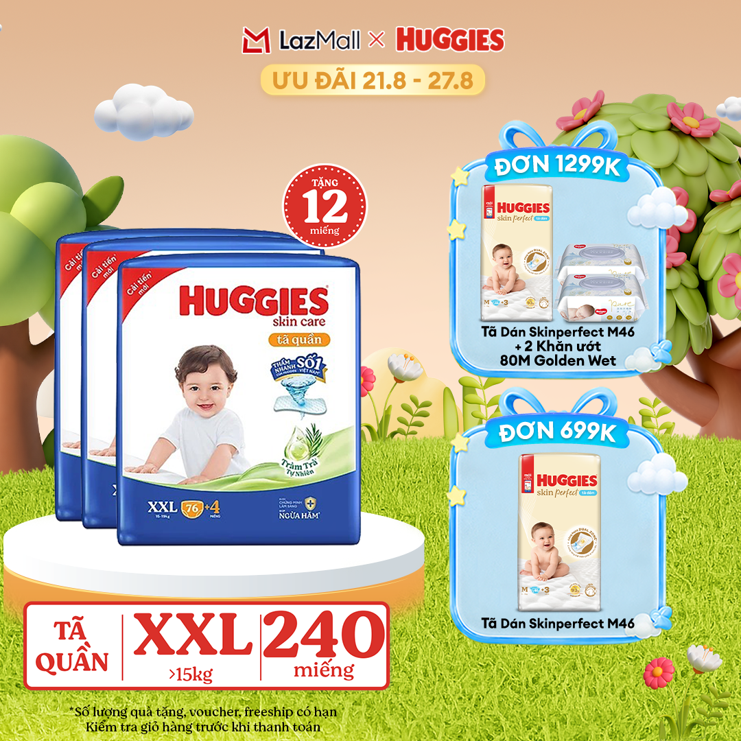 [17-24.08 GIẢM THÊM 90K] Combo 3 Gói Tã/bỉm quần HUGGIES SKINCARE MEGA JUMBO size XXL76+4 miếng