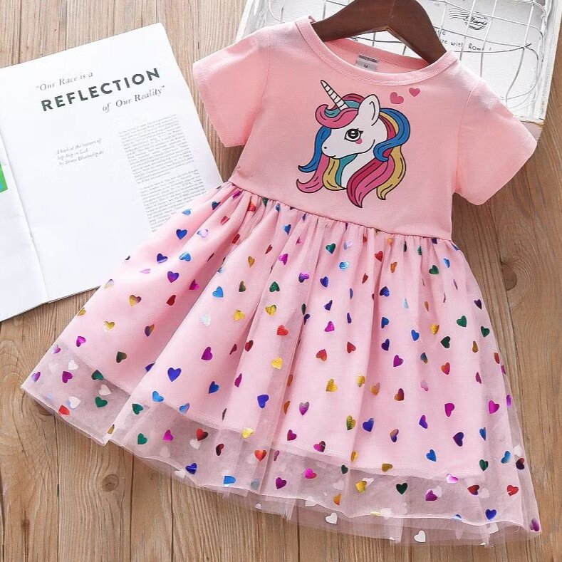 Đầm bé gái ngựa pony váy Bé Gái đầm dự tiệc ngựa Pony cho bé gái Cao Cấp kỳ lân cầu vồng kim sa nổi 