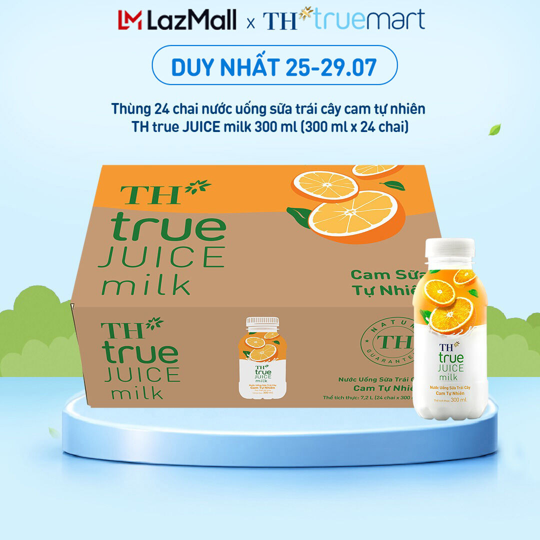 Thùng 24 chai nước uống sữa trái cây TH true JUICE milk cam tự nhiên 300 ml (300 ml x 24)