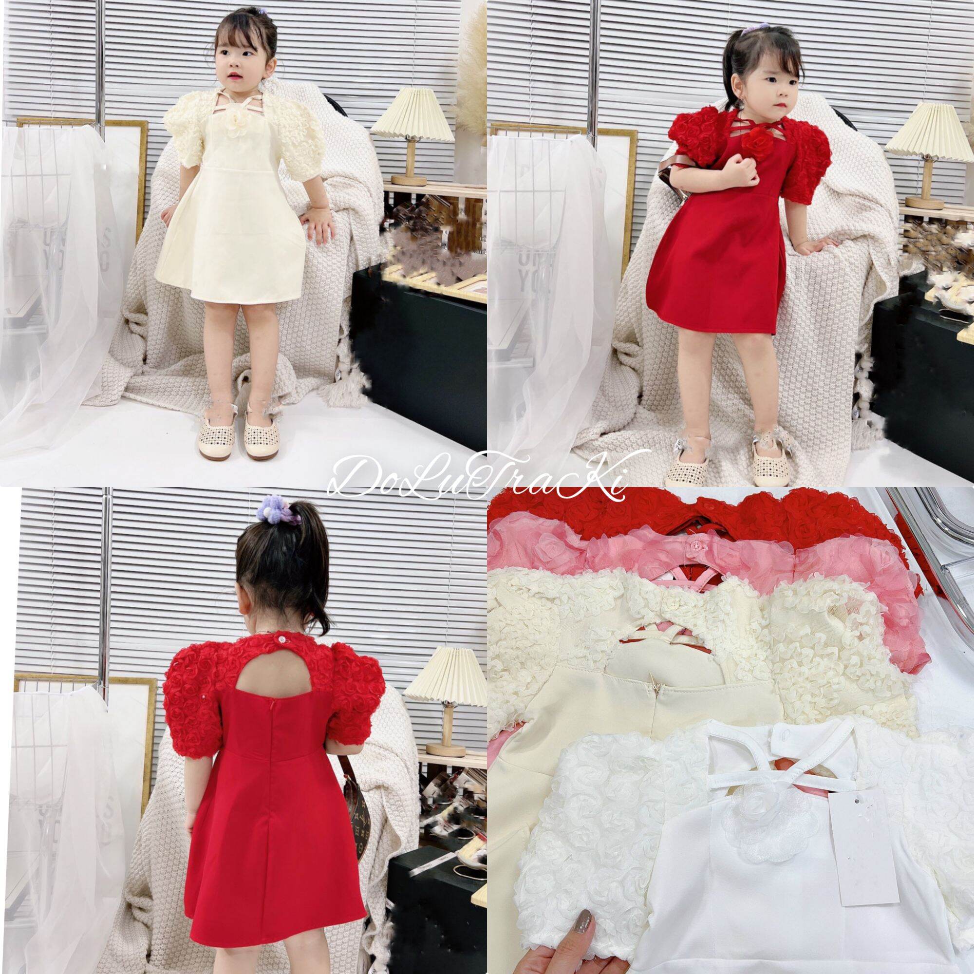 Váy cổ yếm phối hoa ren nổi xinh xắn bé gái