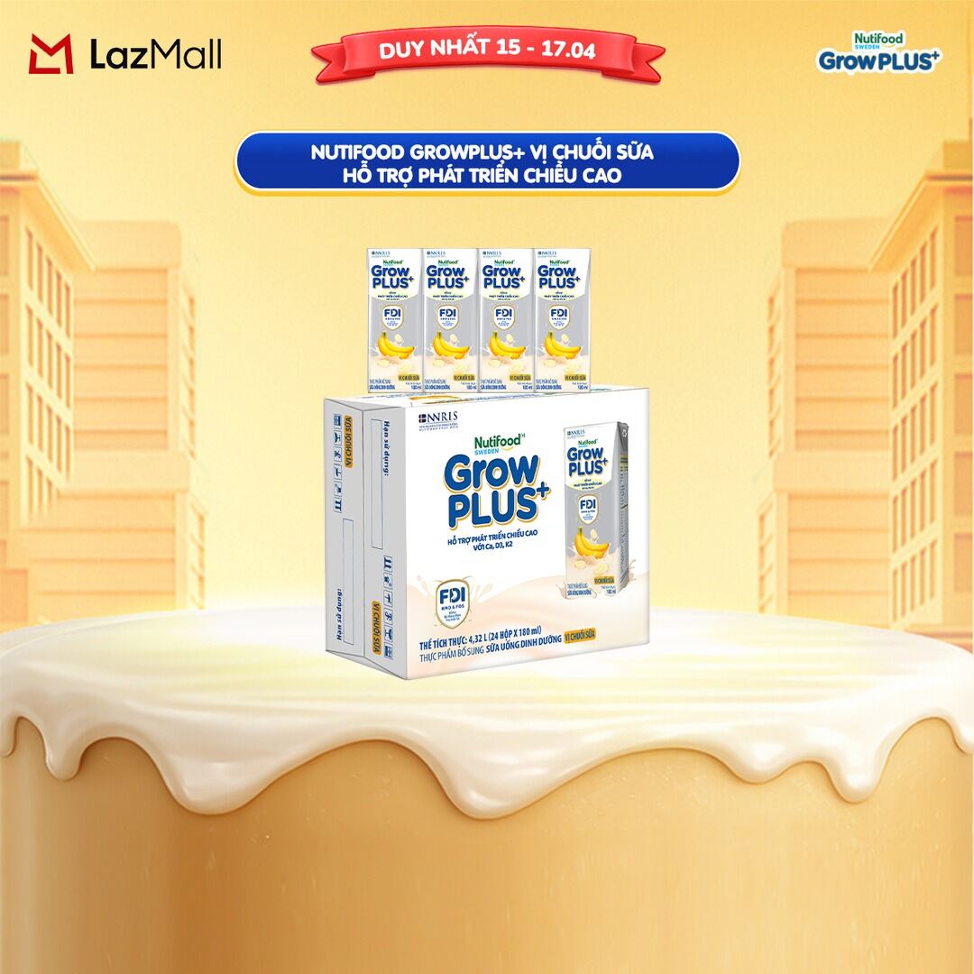 Thùng 24 hộp Sữa bột pha sẵn Nutifood Sweden GrowPLUS+ Vị Chuối Sữa hộp 180ml - Hỗ trợ phát triển chiều cao (24 hộp x 180ml)