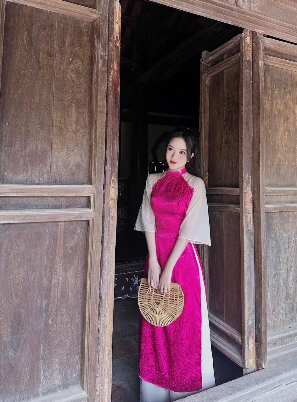 ÁO DÀI BIGSIZE GẤM HOA THẮT NƠ PHỐI QUẦN DÀI (L-2XL)