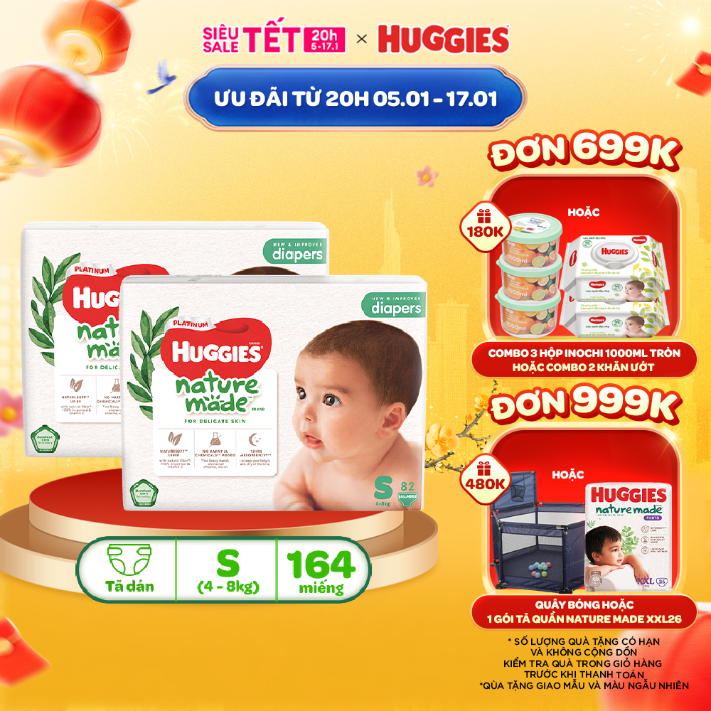 Combo 2 Tã/Bỉm dán sơ sinh Huggies Platinum NatureMade S82 (4-8kg)-Gói Super Jumbo 82 miếng