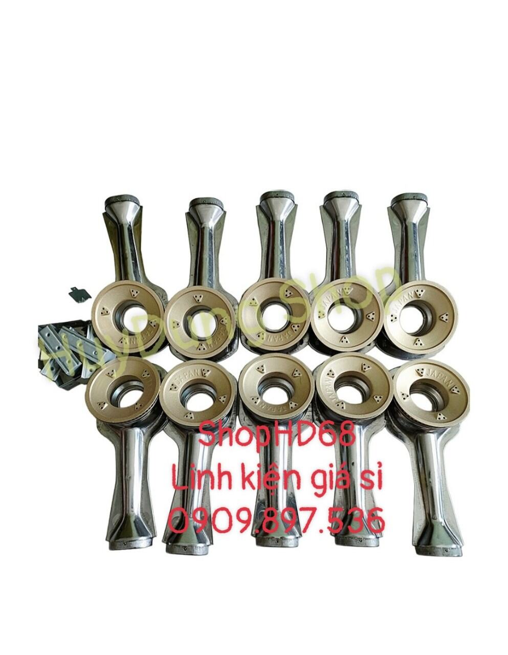 Giá sỉ 10 Bộ đầu đốt bếp gas 10 họng điếu inox, 10 sen chia lửa bằng đồng thau, 10 pas đỡ KT 7.8cm, dài 19.5cm dùng cho bếp gas dương