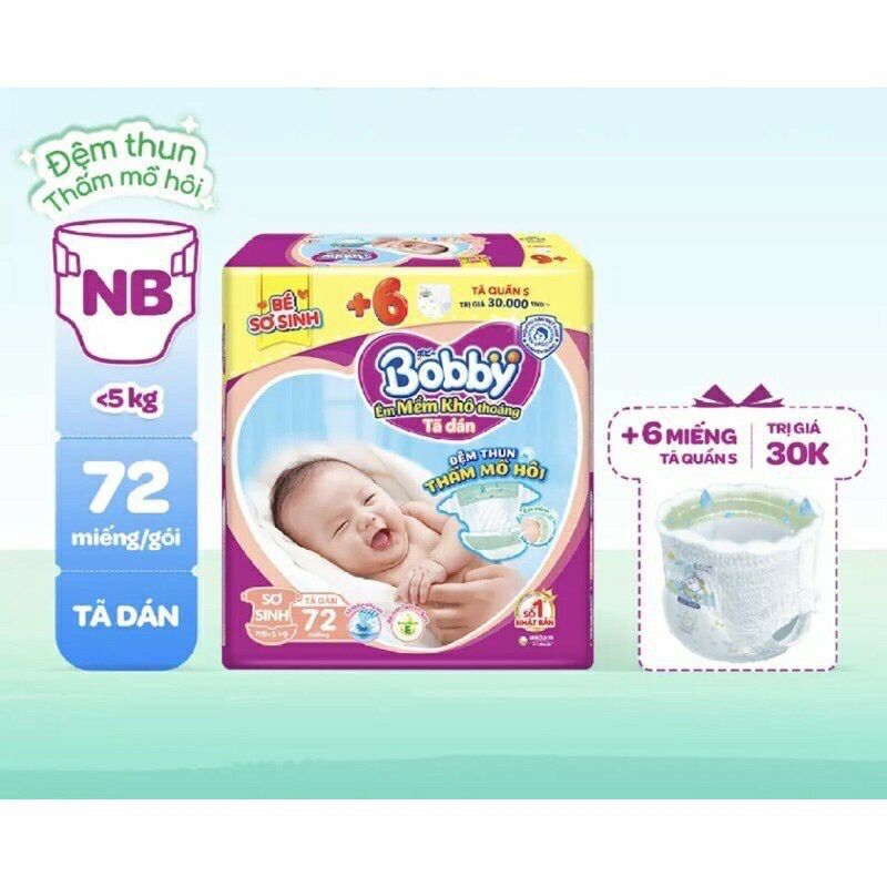 [TẶNG 6 MIẾNG] tã dán bobby sx70+6/S80+2/ newborn2-60+6/ s56+6