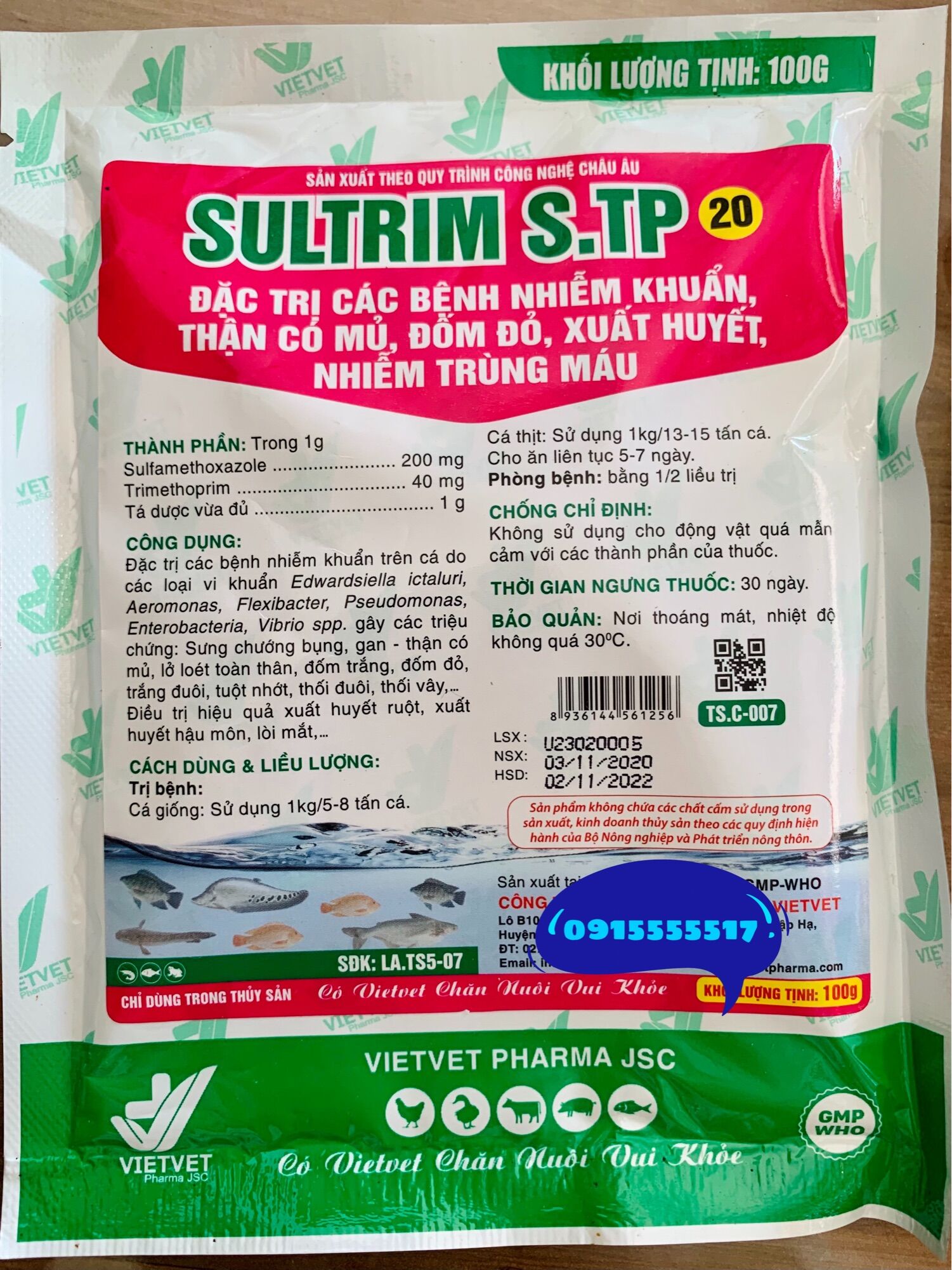 Sultrim S.TP 20 100g dành cho cá lươn bị nhiễm khuẩn, thận có mủ, đốm đỏ, xuất huyết