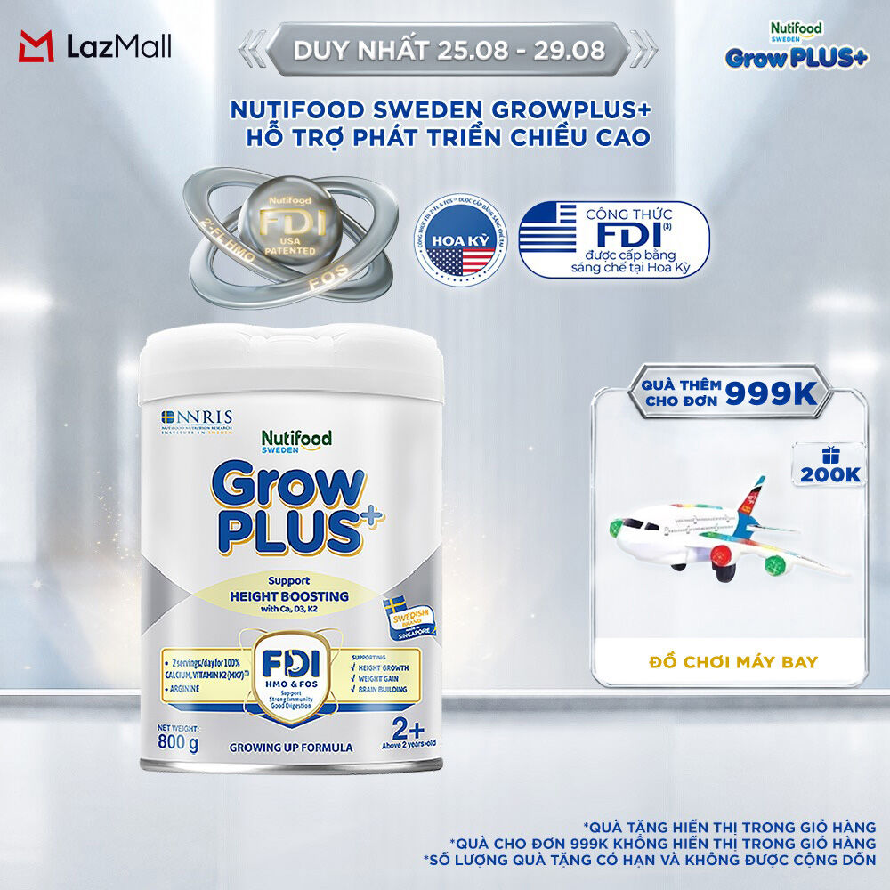 Sữa Bột Nutifood Sweden GrowPLUS+ Cao lớn vượt trội trên 2 tuổi (Bạc) 800g - Hỗ trợ phát triển chiều cao