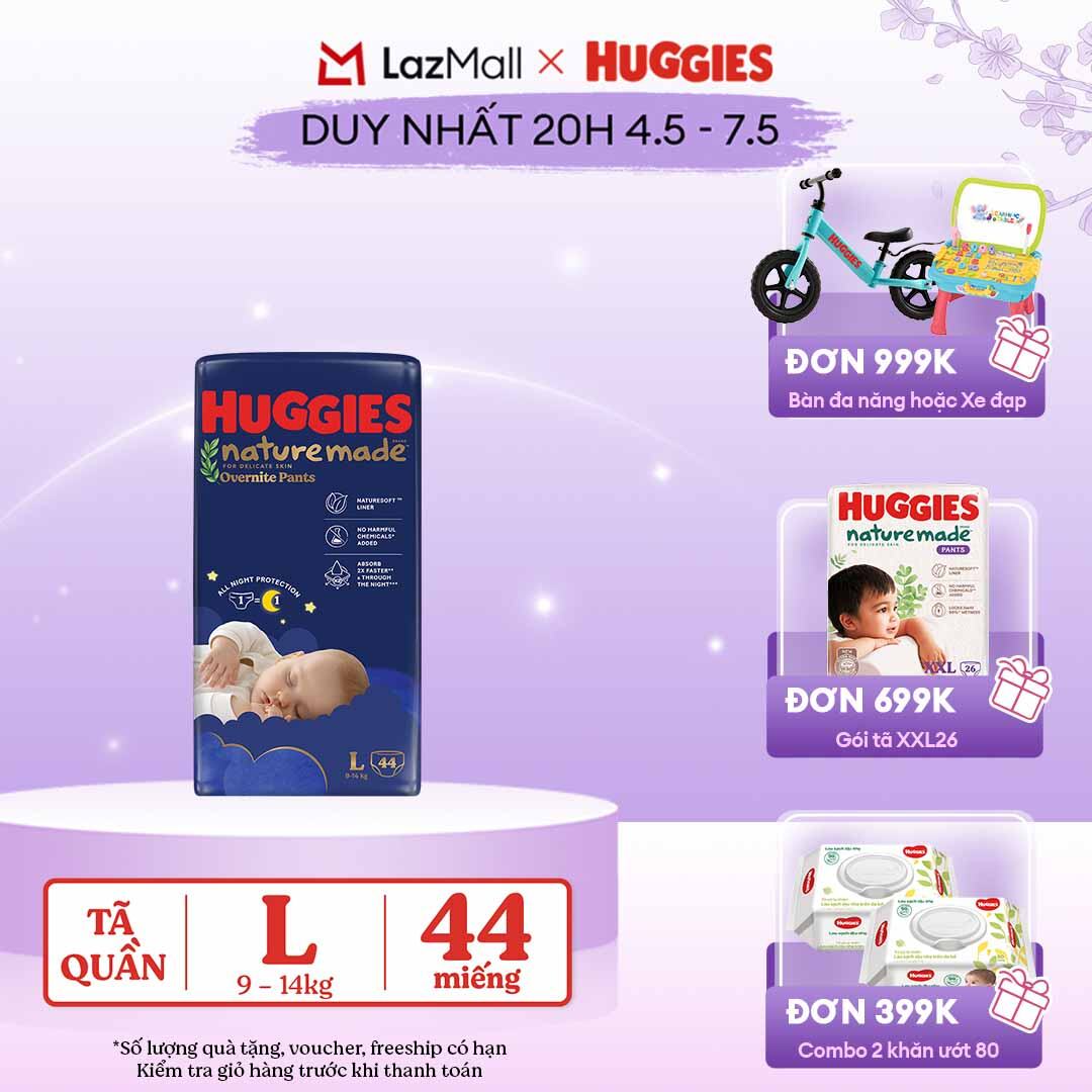 [CHỈ 20h 04-07.05 QUÀ TẶNG ĐƠN 399K](Mua 1 tặng 1) Tã quần Huggies Naturemade ban đêm L44
